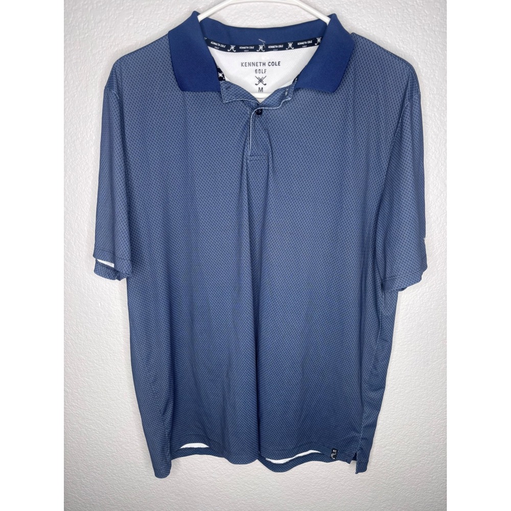 Kenneth Cole Golf Mens Blue Geometric Micro Print Polo Shirt Short Sleeve Size M
